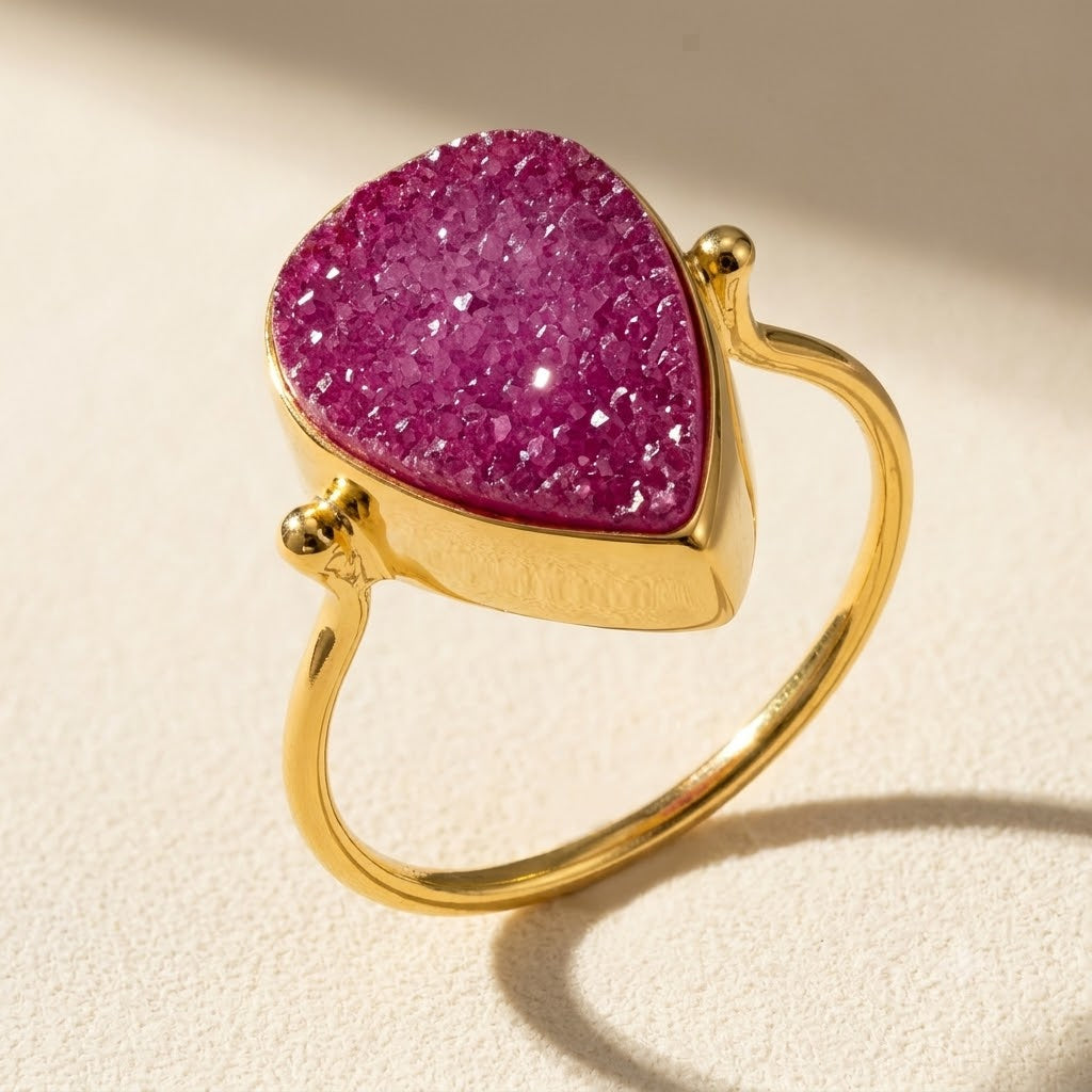 Gold vermeil teardrop druzy ring with pink druzy stone, curved open band