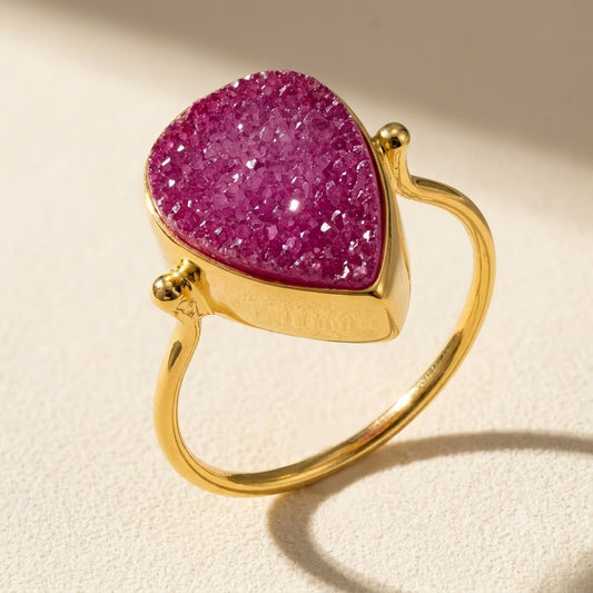 Gold vermeil teardrop druzy ring with pink druzy stone, curved open band