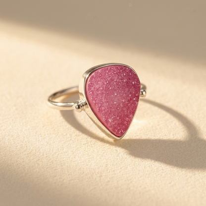 Sterling silver teardrop druzy ring with pink druzy stone and slim open band