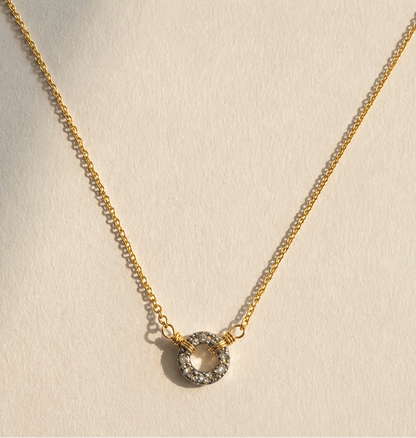Pave diamond circle pendant necklace with gold chain