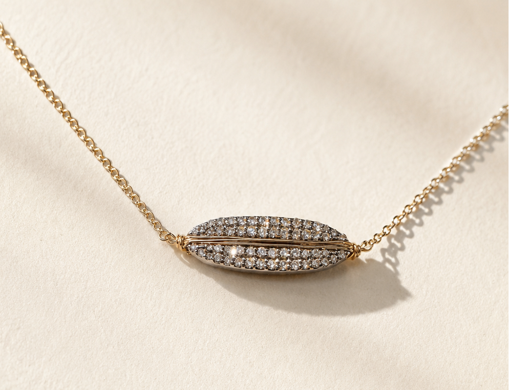 Pave diamond ellipse necklace with gold chain