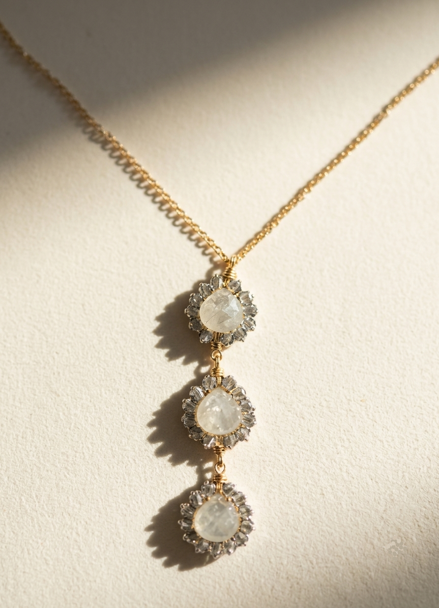 Close gold pendant necklace with three round opal-like drops and small chain links