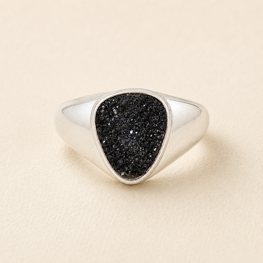 Black druzy triangle wide band ring in silver-tone bezel