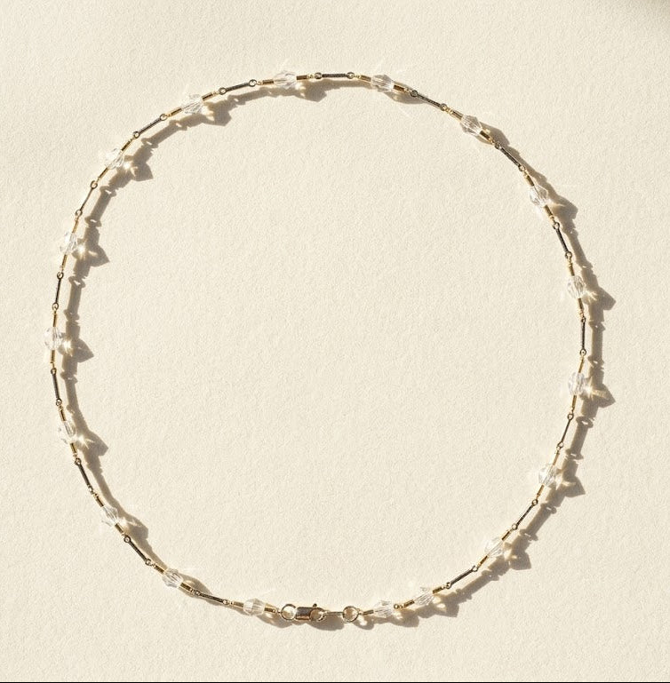 Two-tone crystal choker, round loop of clear and dark faceted beads on chain