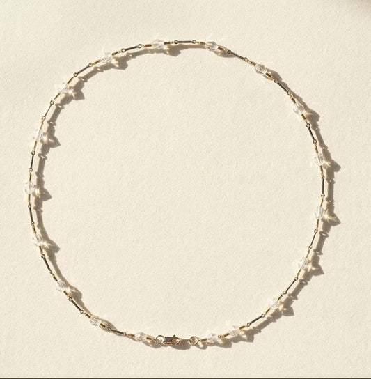 Two-tone crystal choker, round loop of clear and dark faceted beads on chain