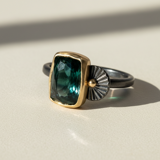 Rectangular deep-green stone ring with gold bezel, fan detail, dark band