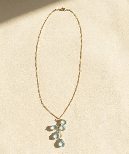 Aqua slice lariat necklace with long gold chain and teal faceted drop charm