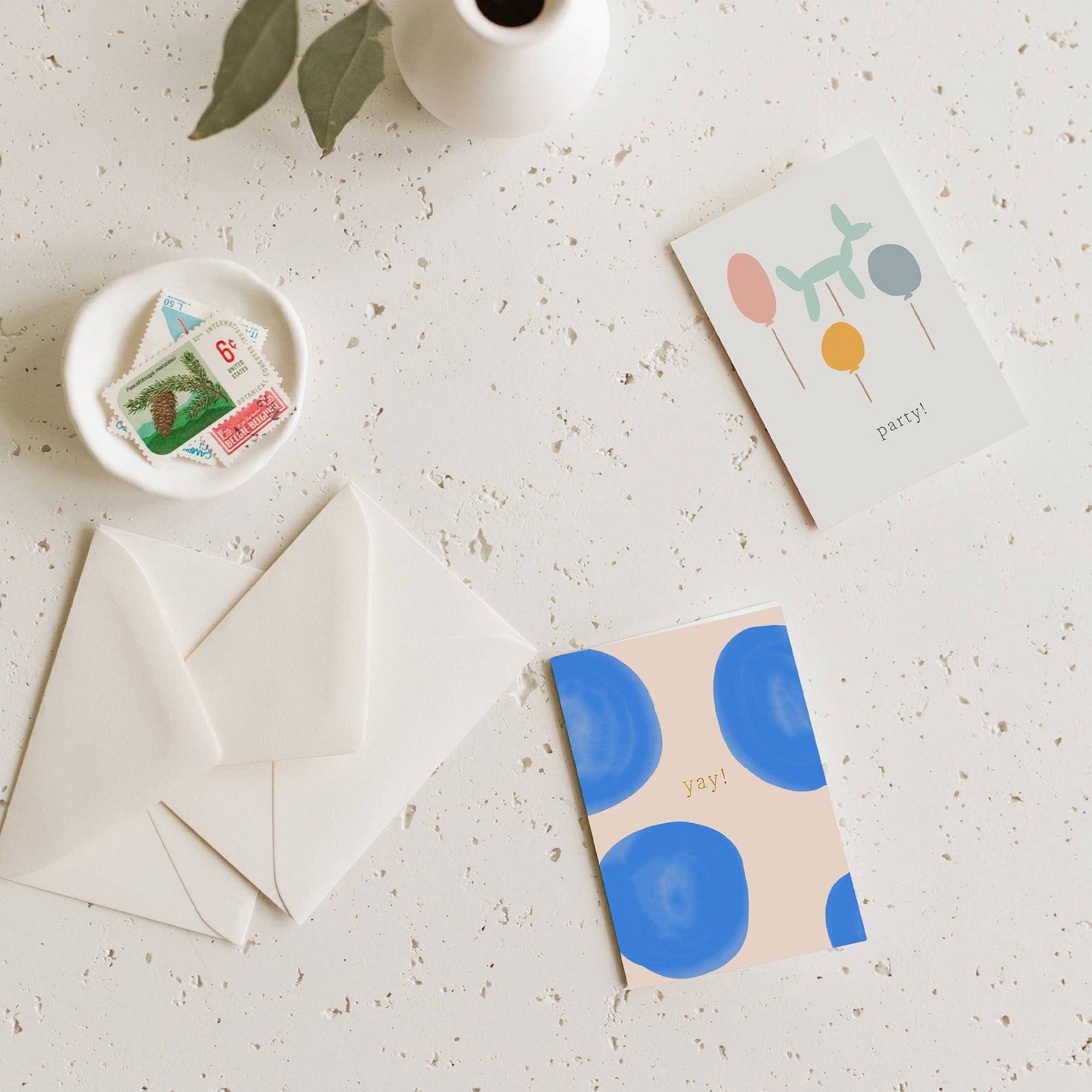Blue dotted mini greeting card with 'yay!' text, corner and front shown