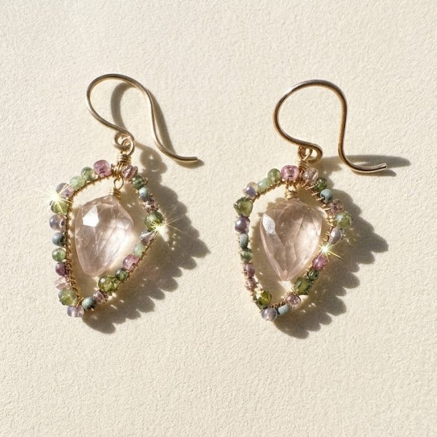 Pastel drop earrings with teardrop crystal and multicolor bead frame, gold-tone hooks
