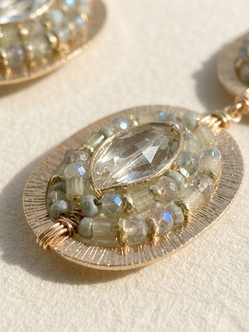 Close-up of gold-tone oval drop earring with clear crystal center and aqua beads