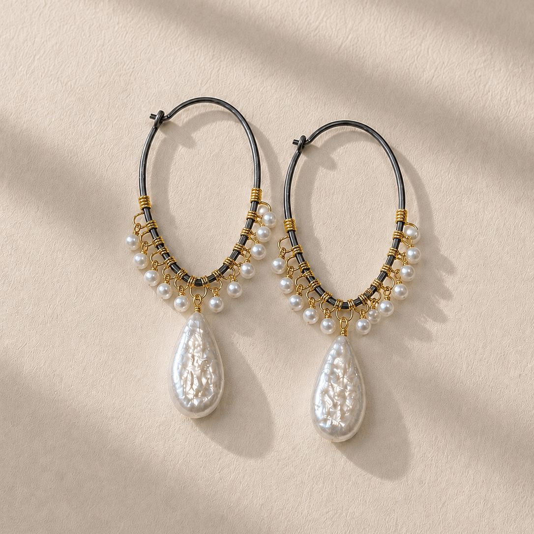 Freshwater pearl shimmer hoop earrings with gold beads and teardrop pearl drops