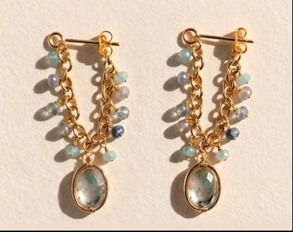 Pair of gold-tone chain hoop earrings with light blue beads and oval iridescent drops
