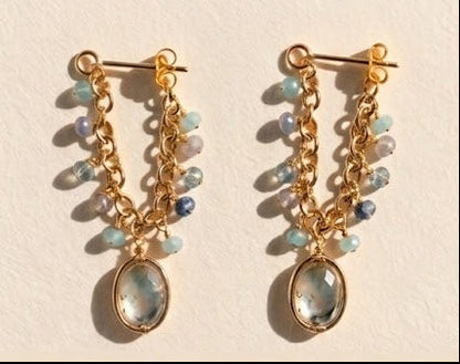 Pair of gold-tone chain hoop earrings with light blue beads and oval iridescent drops