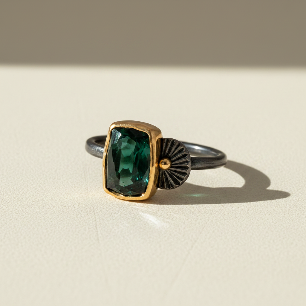 Tourmaline guppy ring showing deep-green rectangular stone, gold crown, fan setting