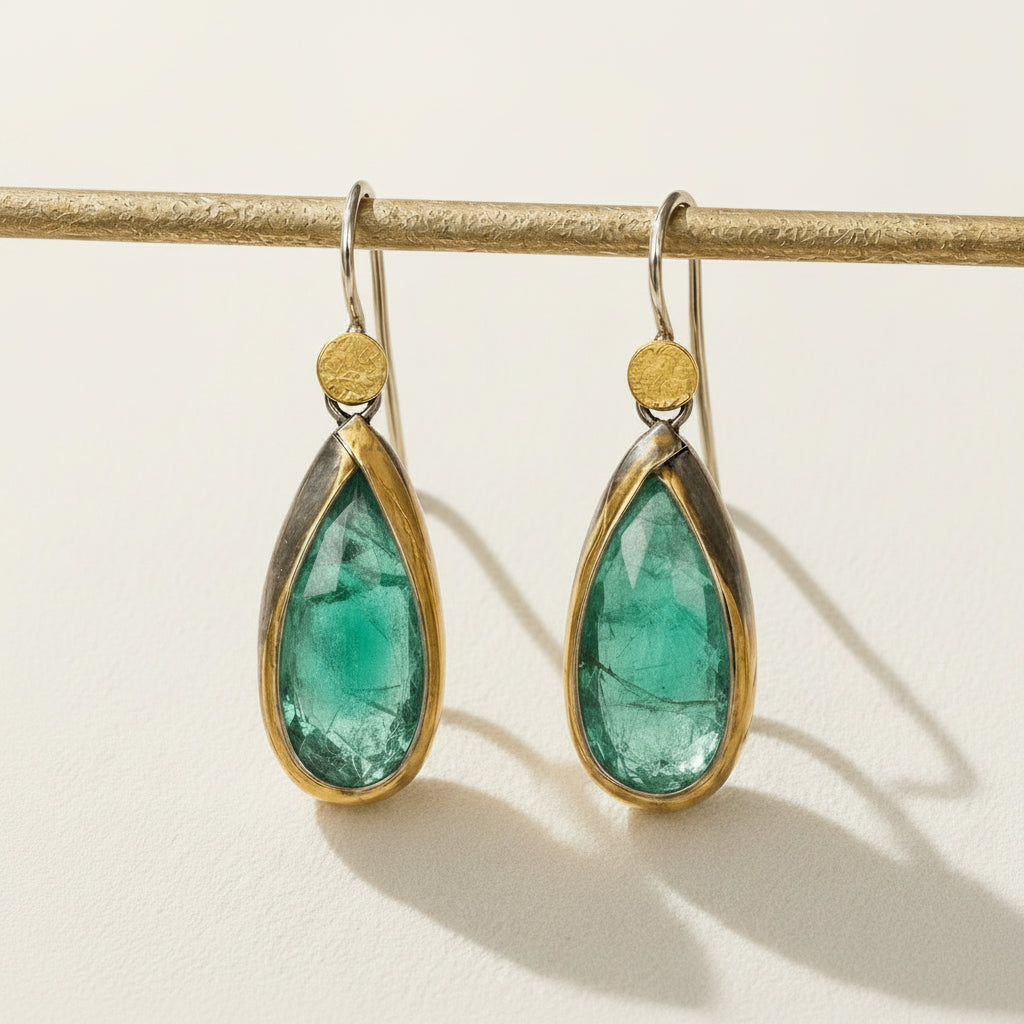 Teardrop fold earrings with green faceted teardrop drops and gold top caps