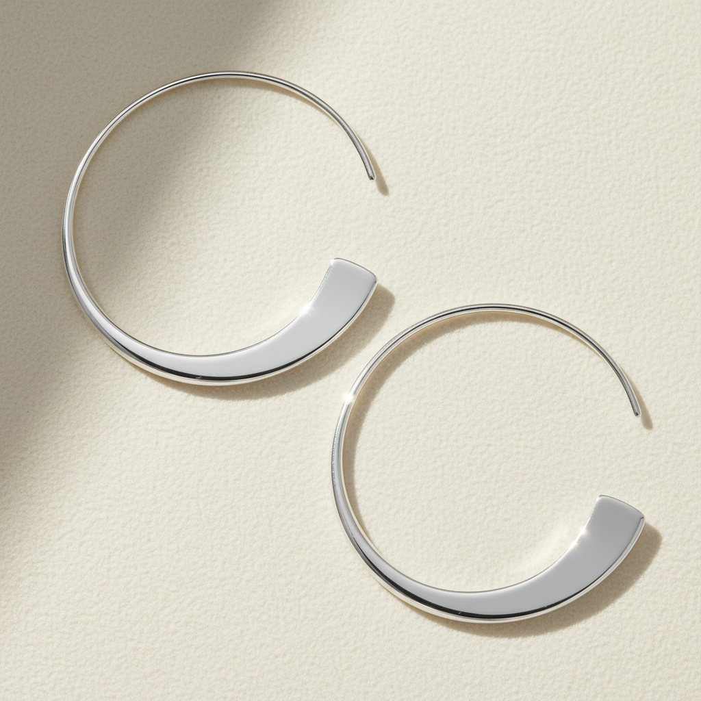 Tapered silver hoop earrings with smooth curved taper details