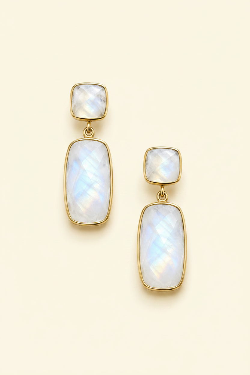Gold-tone double drop earrings with square and rectangular iridescent opal stones