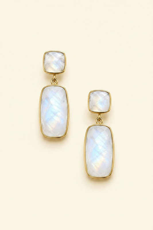 Gold-tone double drop earrings with square and rectangular iridescent opal stones