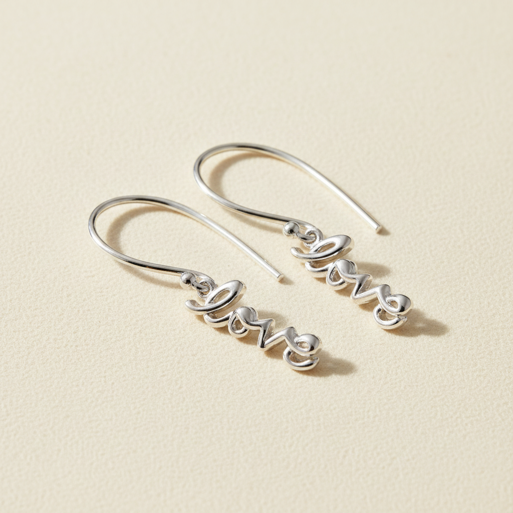 Silver script dangle earrings with hoop hooks and love charm