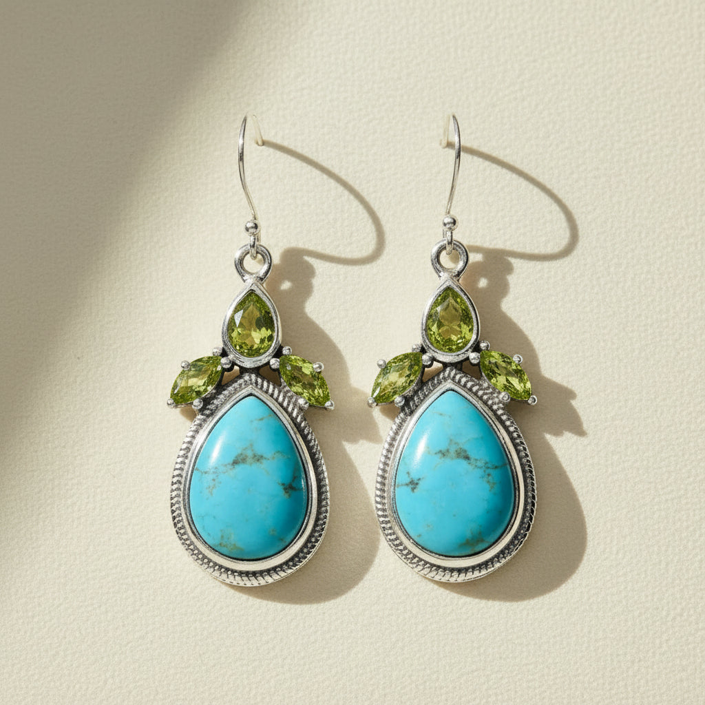Turquoise teardrop gemstone drop earrings with peridot green accents and silver-tone frames