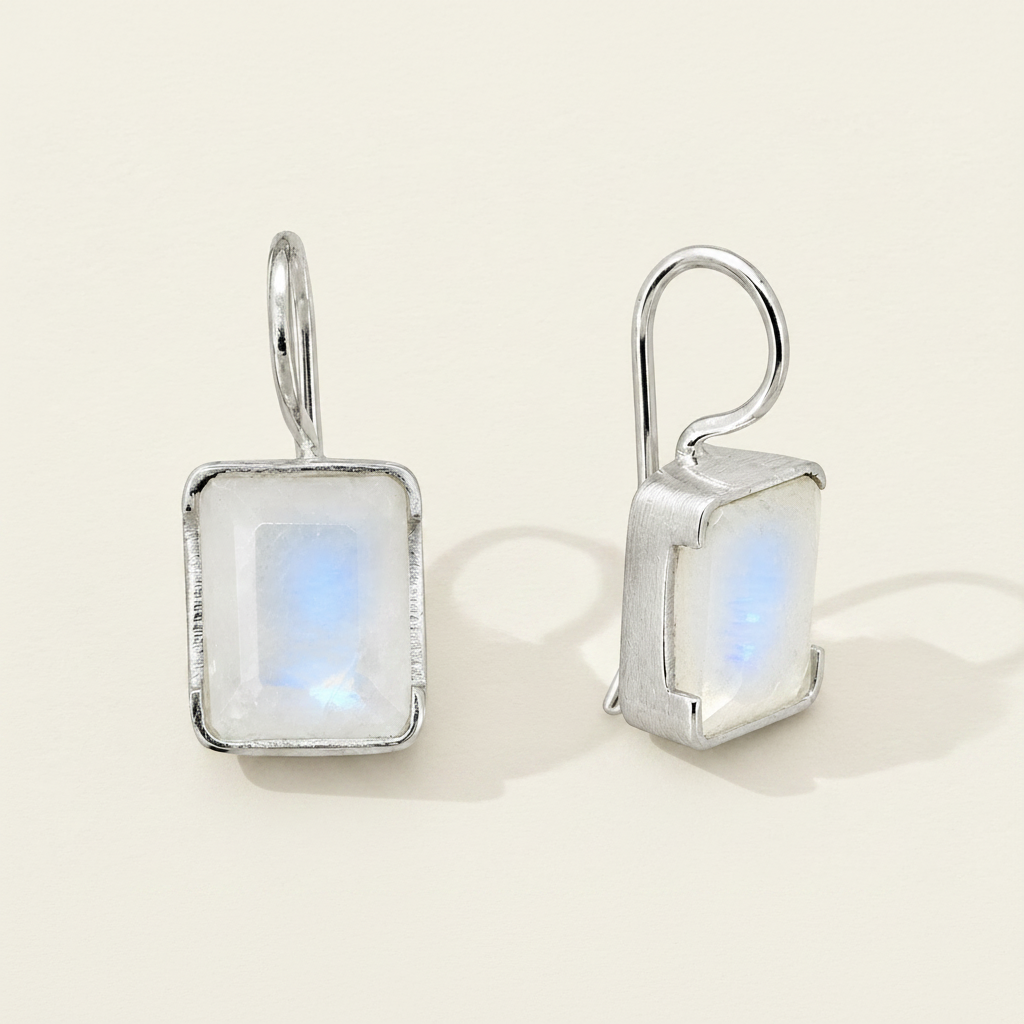 Rectangle moonstone drop earrings, square iridescent moonstone in bezel, angled pair view