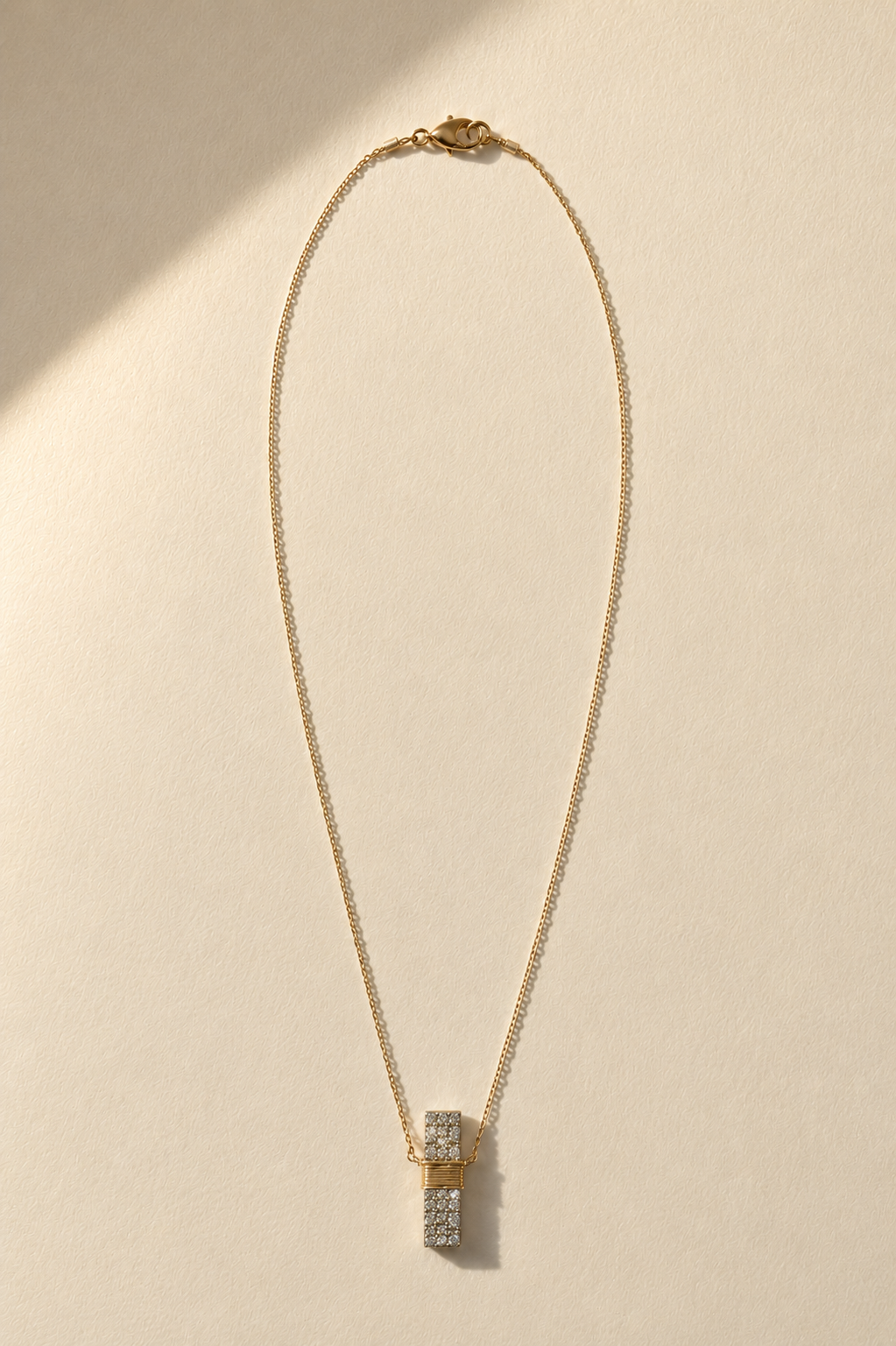 Pave diamond bar necklace with gold chain and square pendant