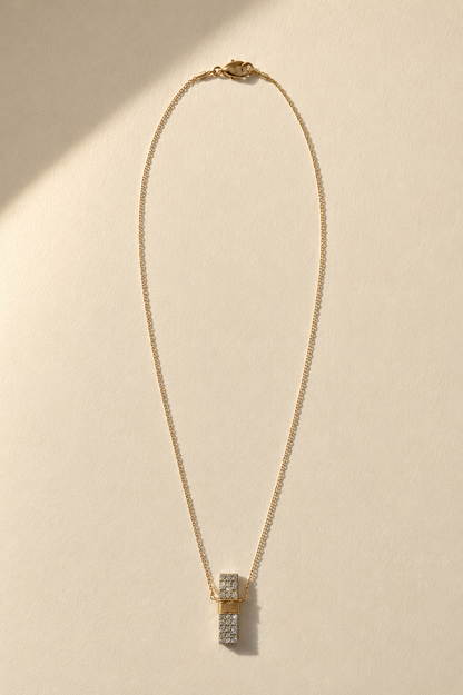 Pave diamond bar necklace with gold chain and square pendant