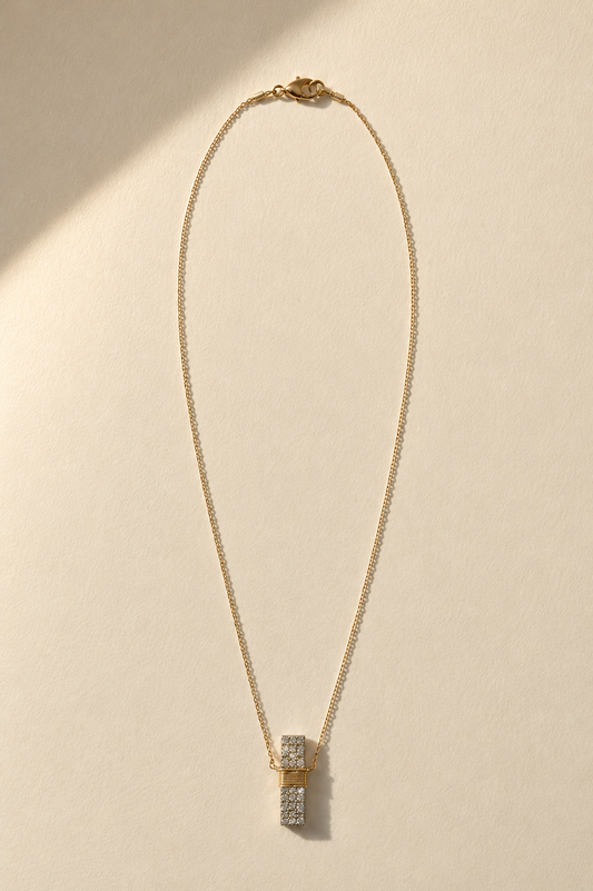 Pave diamond bar necklace with gold chain and square pendant