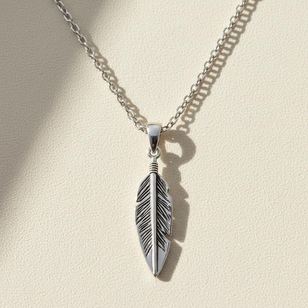 Oxidized feather pendant necklace with silver-tone chain, hanging feather charm center