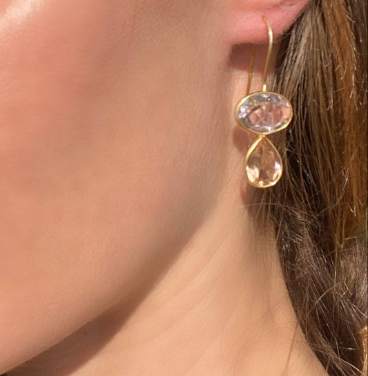 Teardrop drop earrings on ear with gold hooks and pink faceted stones