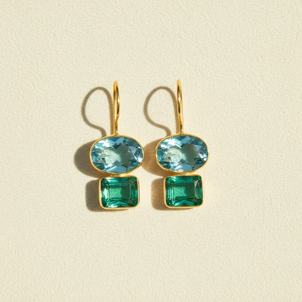 Gold hook earrings with aqua oval and mint green square drop charms