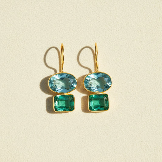 Gold hook earrings with aqua oval and mint green square drop charms
