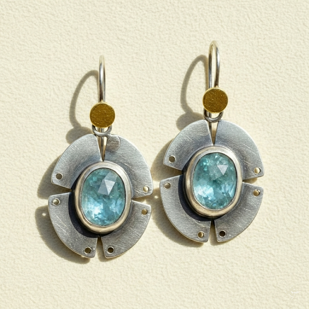 Pair of geometric drop earrings, gold caps with blue oval stones and circular metal frames