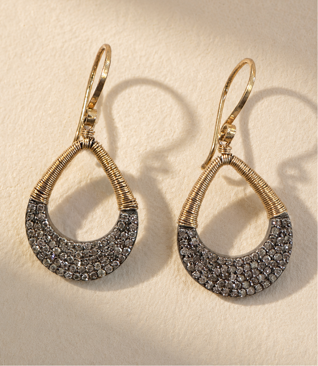 Pave diamond teardrop earrings with gold-tone wire-wrapped tops
