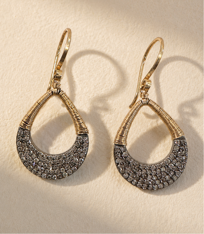 Pave diamond teardrop earrings with gold-tone wire-wrapped tops