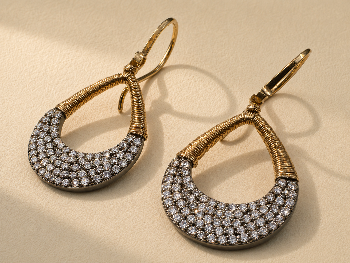 Pave diamond teardrop earrings with gold-tone wrapped hoops