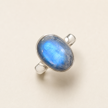 Oval blue moonstone sterling silver ring, raised bezel with rounded shoulders