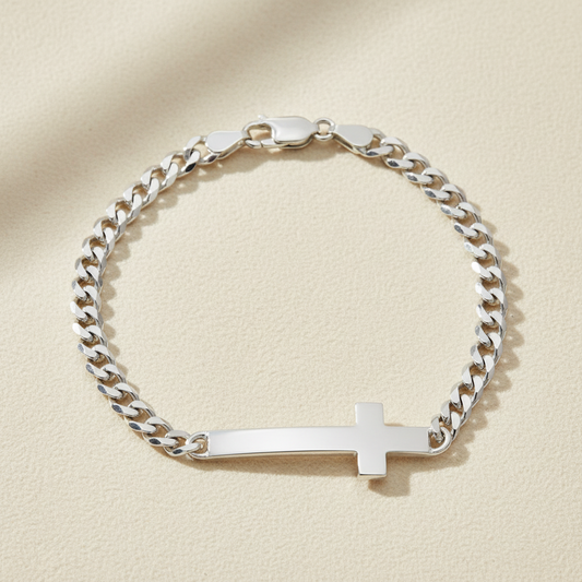 Silver chain bracelet with sideways cross charm and lobster clasp