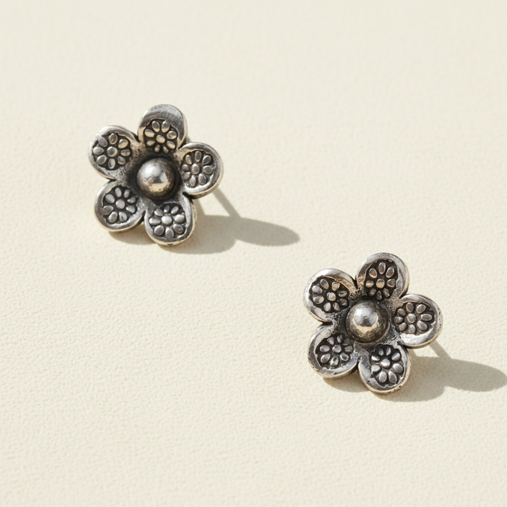 Sterling silver daisy stud earrings with textured petals and round center