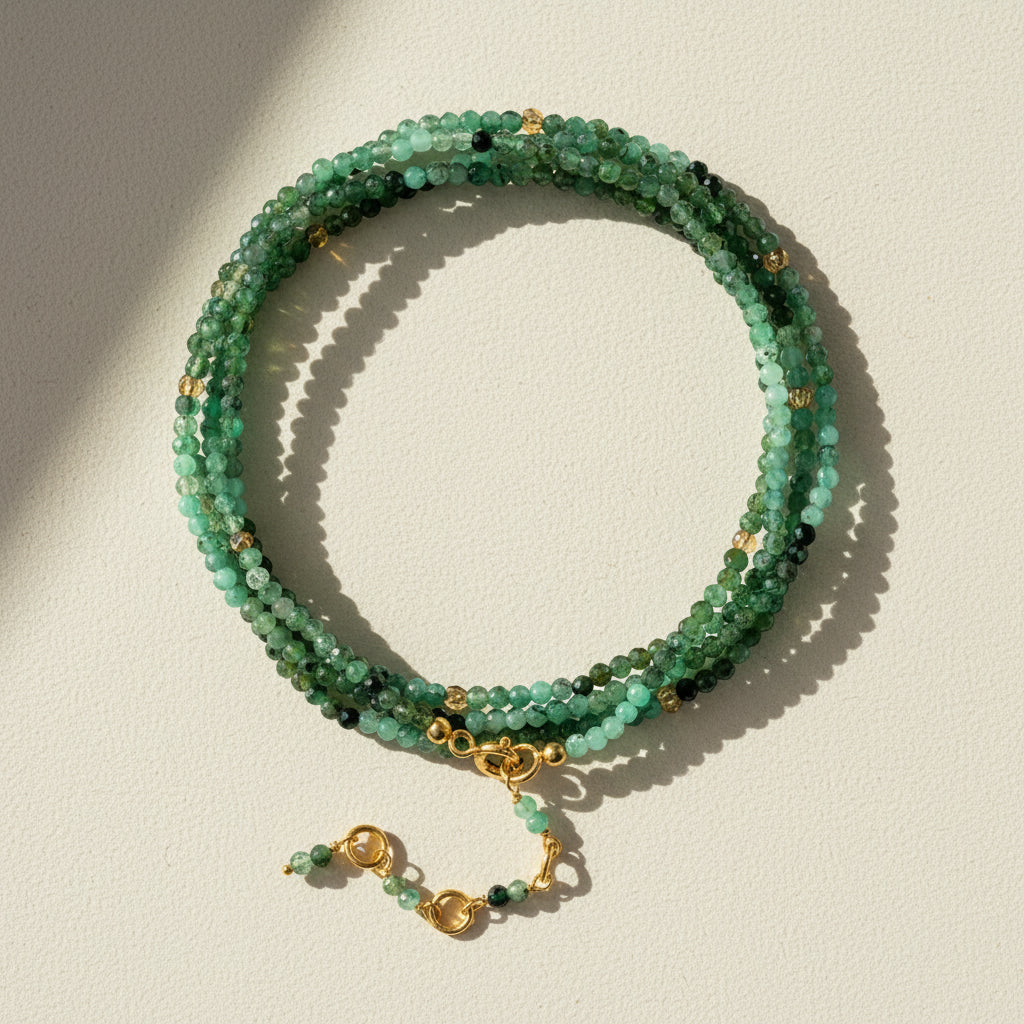 Emerald green beaded wrap bracelet/necklace with gold clasp and heart charm