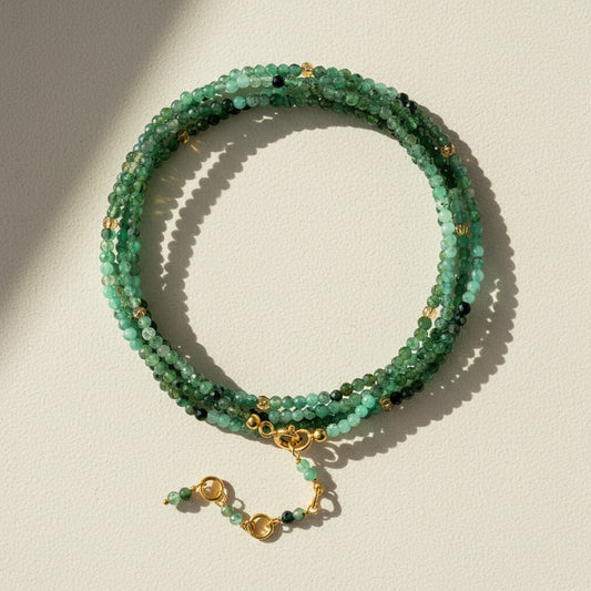 Emerald green beaded wrap bracelet/necklace with gold clasp and heart charm