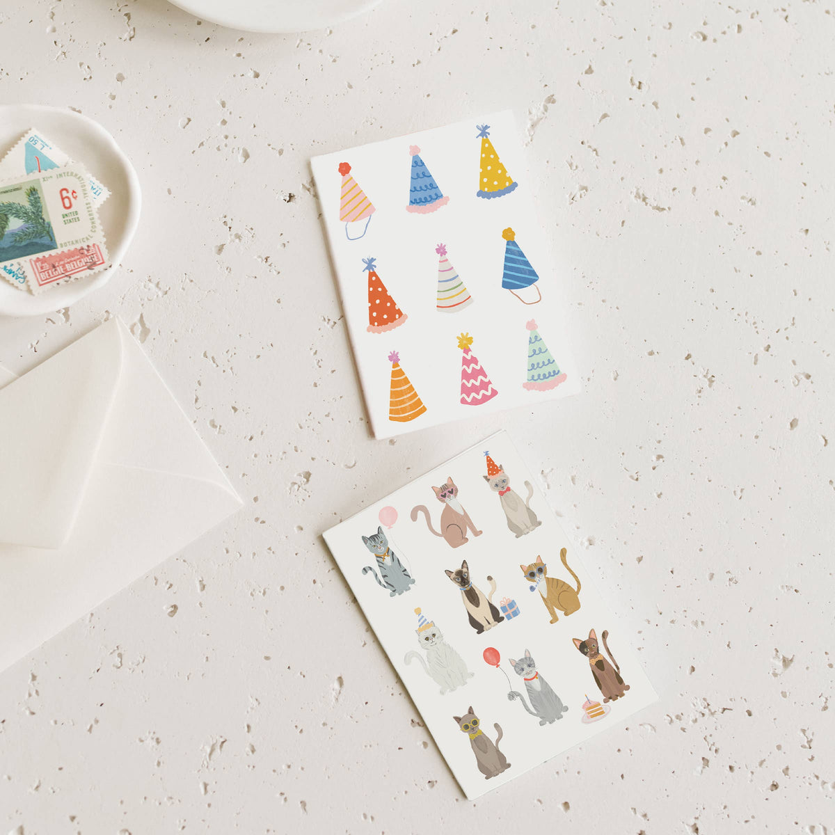 Birthday hat mini greeting cards with colorful party hat and animal illustrations