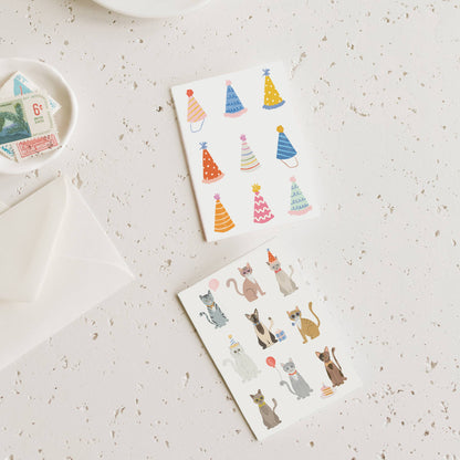 Birthday hat mini greeting cards with colorful party hat and animal illustrations
