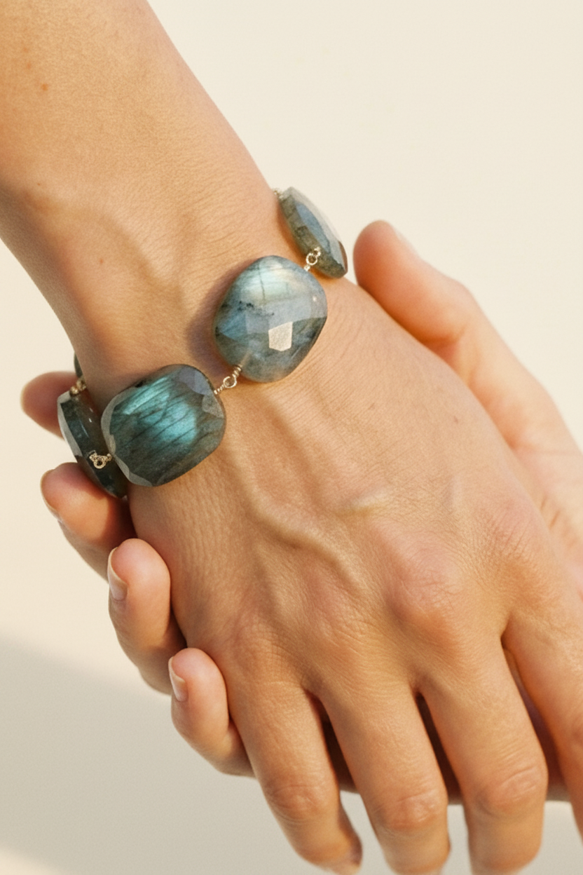 Labradorite bracelet on wrist, large oval blue-green stones with gold chain