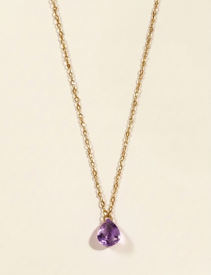Amethyst teardrop briolette pendant on dainty gold-tone chain necklace