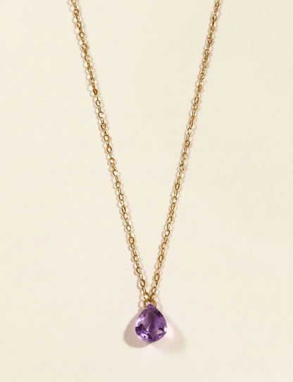 Amethyst teardrop briolette pendant on dainty gold-tone chain necklace