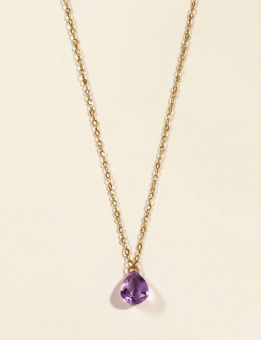 Amethyst teardrop briolette pendant on dainty gold-tone chain necklace