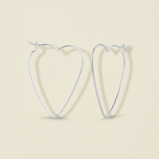 Heart-shaped wire hoop earrings, silver-tone, heart outline with stud closures