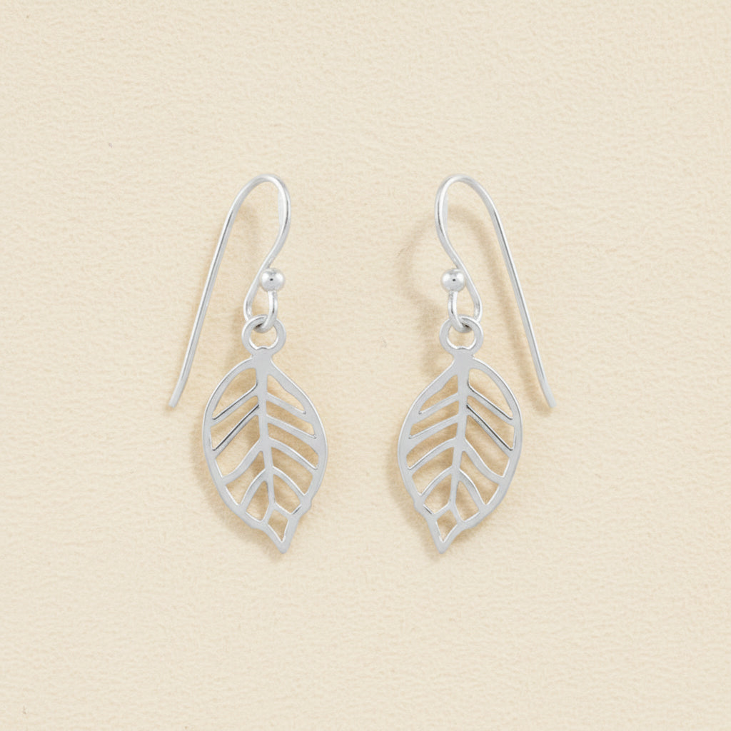 Silver leaf outline dangle earrings with drop hook and openwork leaf design