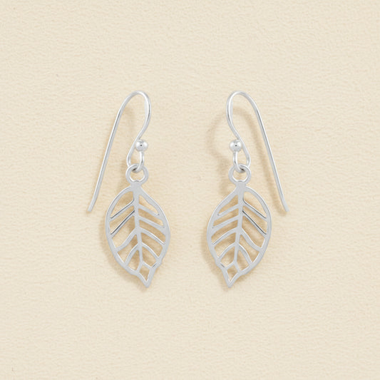Silver leaf outline dangle earrings with drop hook and openwork leaf design